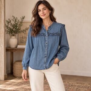 C&A Chambray Ruffle Blue Button Up Long Sleeve Top Women’s XL Fall Preppy